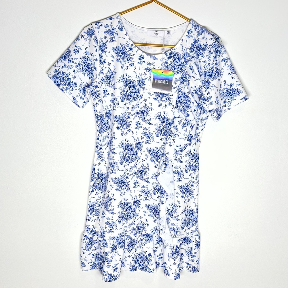 MISSGUIDED Frill Floral Ruffle Day Midi Dress Blue 6 - Picture 1 of 9